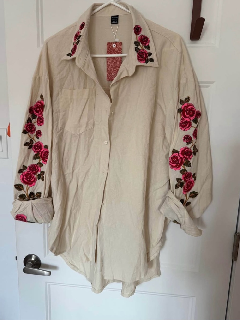 SHEIN Cream Shirt Jacket with Embroidered Pink Rose Detail